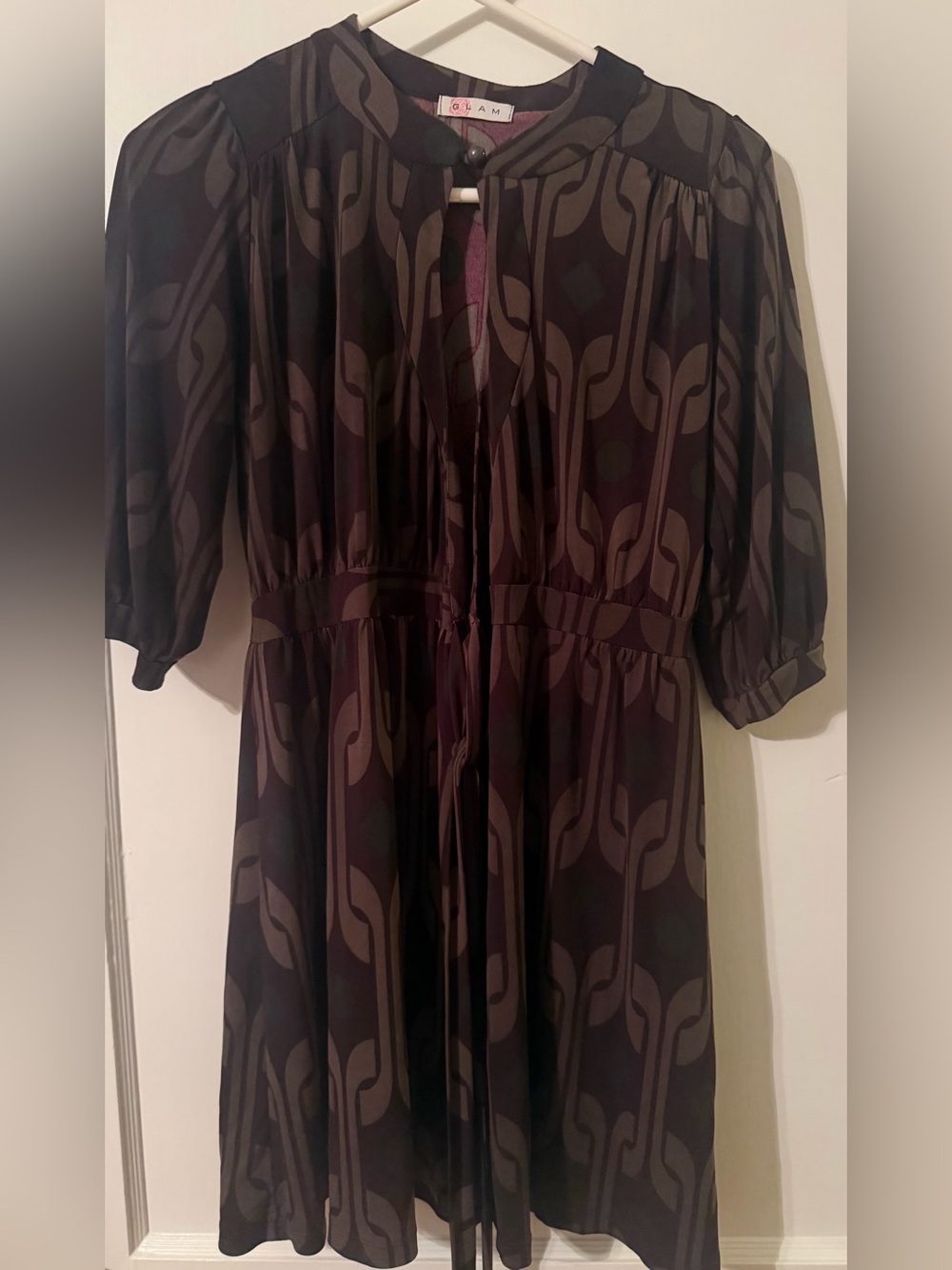 glam Brown Patterned Midi Dress with Drawstring Waist